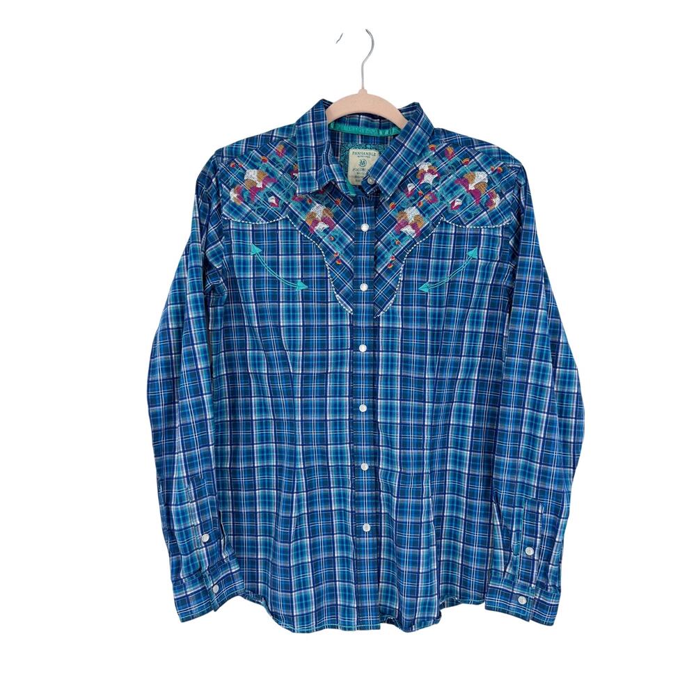 Panhandle Womens M Snap Button Up Shirt Slim Fit Western Embroidered Blue Plaid